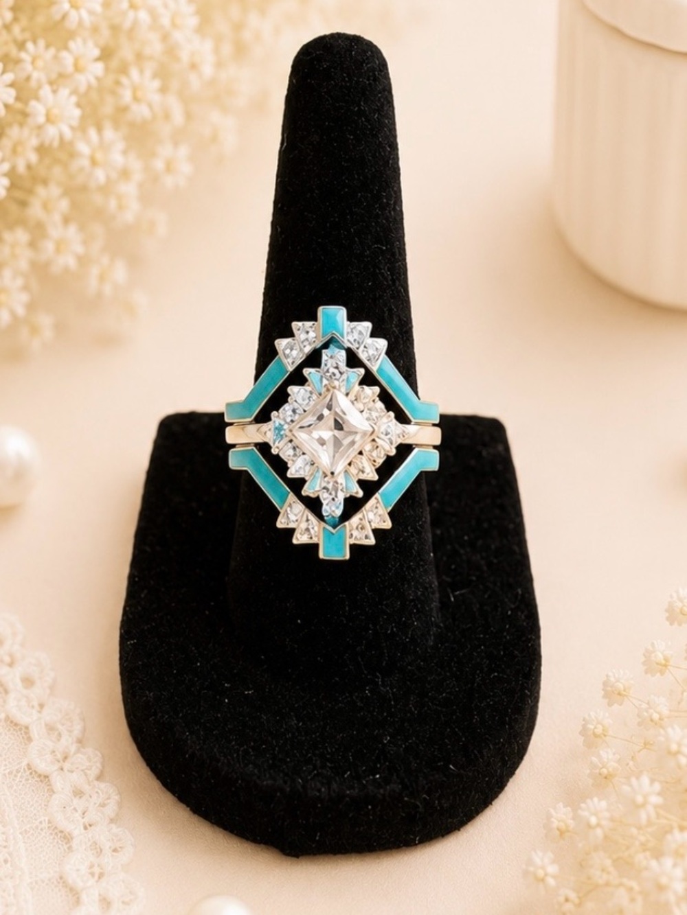 Turquoise Silver Tone Triple Band  Art Deco Fashion Ring-Size 6.5